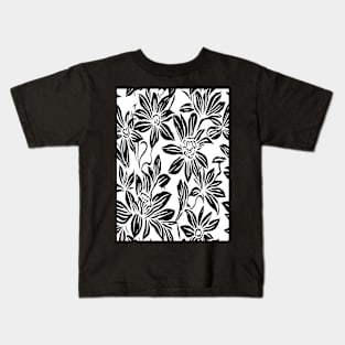 White and Black Floral Lino Print Kids T-Shirt